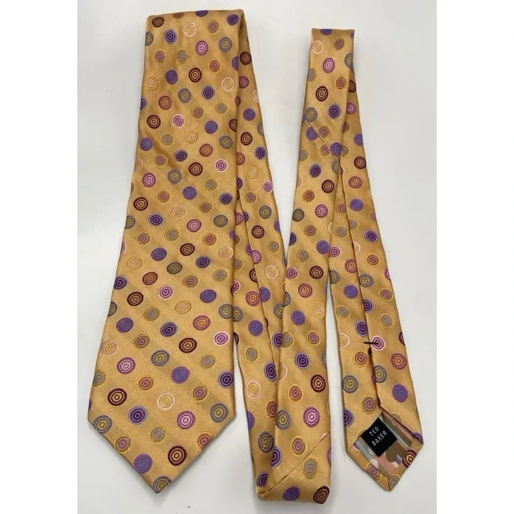 Ted Baker Mens 100% Silk Woven Neck Tie Yellow Orange‎ Multicolor Circles
